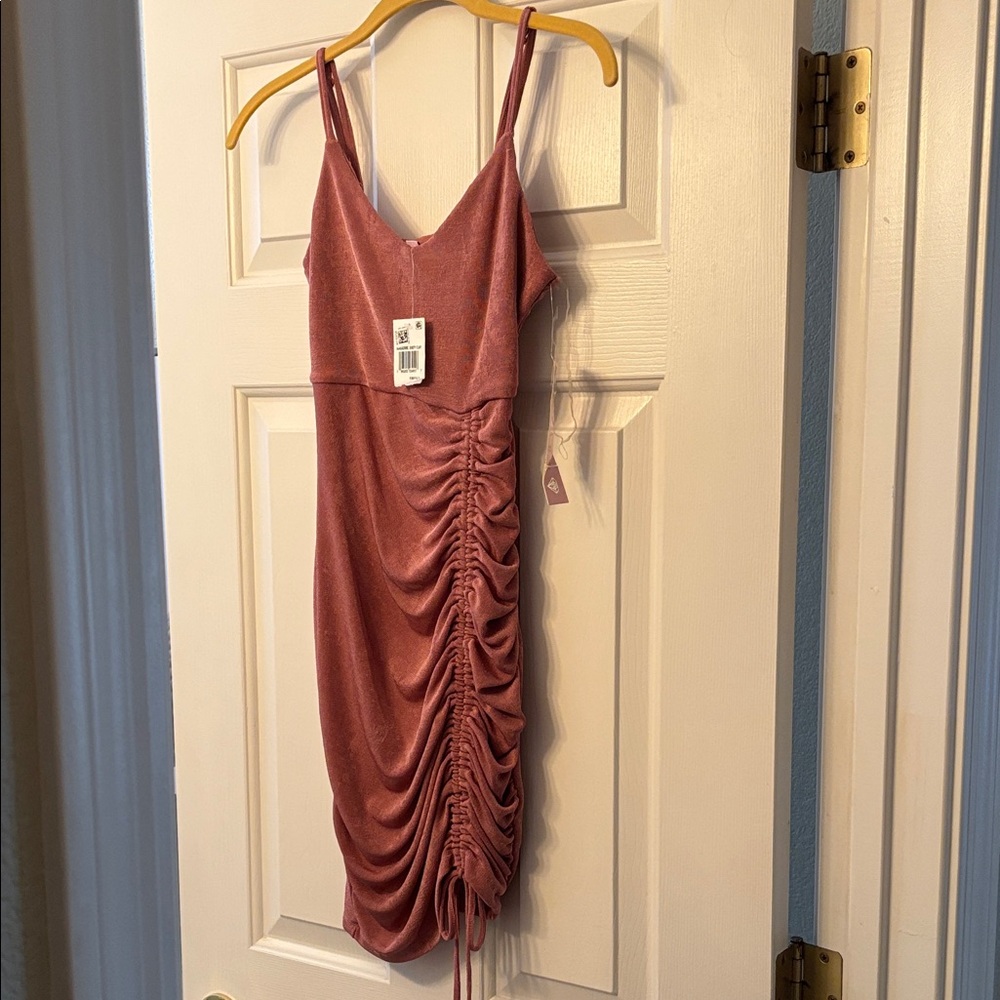 Crave Fame Ruched Mini Dress in Dusty Rose